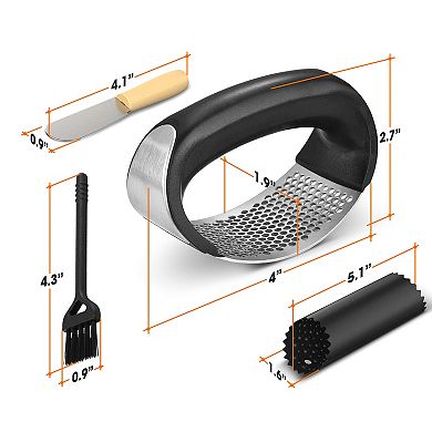 Cheer Collection Stainless Steel Garlic Press Rocker Set with Peeler Brush and Scraper Black