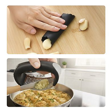 Cheer Collection Stainless Steel Garlic Press Rocker Set with Peeler Brush and Scraper Black