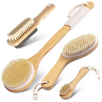Cheer Collection 4 pc Shower Body Brush Set with Natural Bristles and Easy Grip Handles