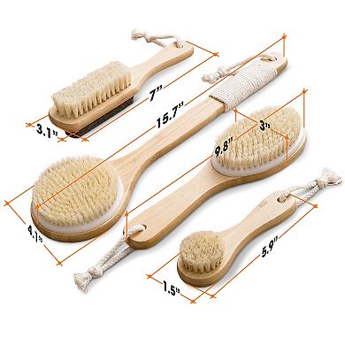Cheer Collection 4 Piece Shower Body Brush Set with Natural Bristles and Easy Grip Handles