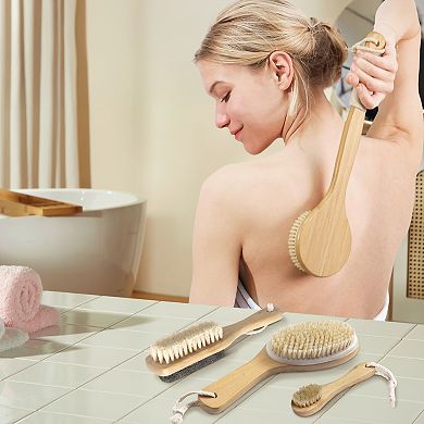 Cheer Collection 4 Piece Shower Body Brush Set with Natural Bristles and Easy Grip Handles