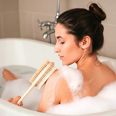 Cheer Collection Double Sided Shower Brush Long Handle Bath Body Scrubber Soft Firm Bristles