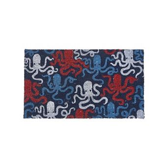 HomeRoots 16" X 30" Blue Red And White Octopus Indoor Coir Door Mat