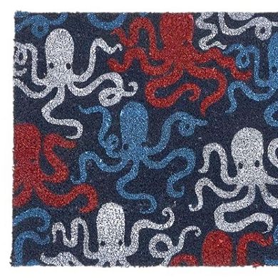 HomeRoots 16" X 30" Blue Red And White Octopus Indoor Coir Door Mat