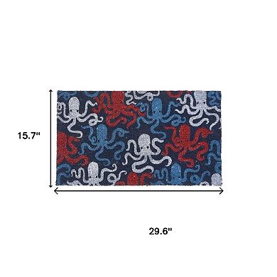 HomeRoots 16" X 30" Blue Red And White Octopus Indoor Coir Door Mat
