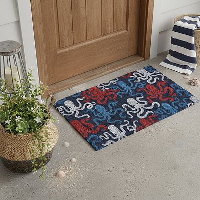 HomeRoots 16" X 30" Blue Red And White Octopus Indoor Coir Door Mat