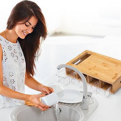 Cheer Collection Natural Wood Cutting Board with Four Removable Storage Trays