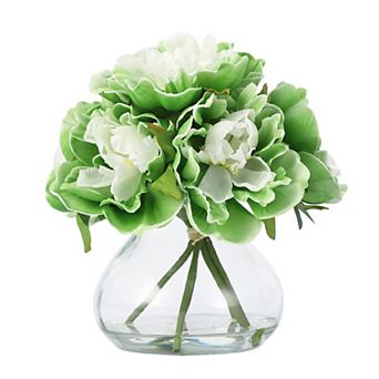 Peonies Artificial Flowers with Glass Vase, Silk Faux Peony Flower Arrangement with Faux Water