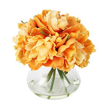 Peonies Artificial Flowers with Glass Vase, Silk Faux Peony Flower Arrangement with Faux Water