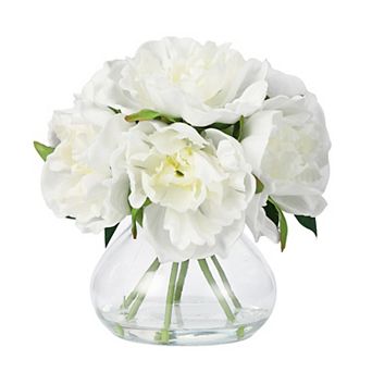 Peonies Artificial Flowers with Glass Vase, Silk Faux Peony Flower Arrangement with Faux Water