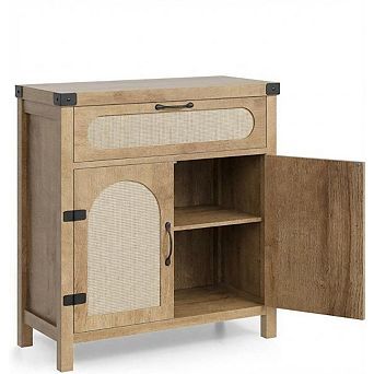 Rattan Sideboard with Drawer, Natural Wood Buffet Cabinet with Rattan-Accent Doors