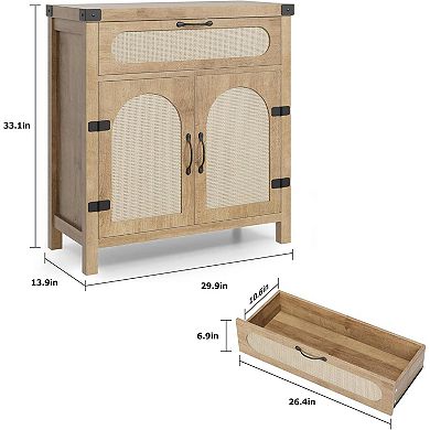 Rattan Sideboard with Drawer, Natural Wood Buffet Cabinet with Rattan-Accent Doors