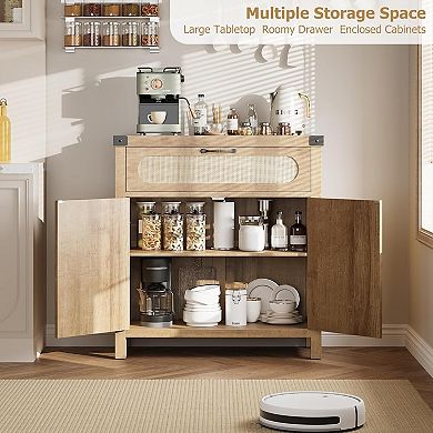 Rattan Sideboard with Drawer, Natural Wood Buffet Cabinet with Rattan-Accent Doors