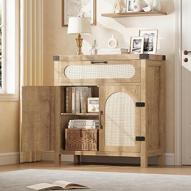 Rattan Sideboard with Drawer, Natural Wood Buffet Cabinet with Rattan-Accent Doors