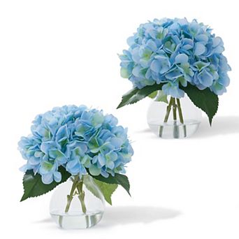 2-Pack Real Touch Artificial Hydrangea Flowers in Vase with Wood Bead String, Faux Hydrangea Bouque