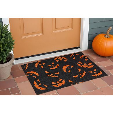 HomeRoots 17" X 29" Black and Orange Coir Jackolantern Outdoor Halloween Door Mat