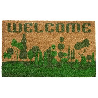 HomeRoots 18" X 30" Beige and Green Coir Trees Welcome Outdoor Door Mat