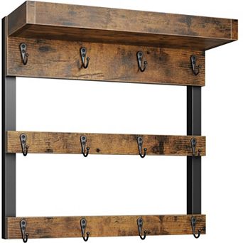 Rustic Wood Mug Rack Wall Shelf with 12 Hooks