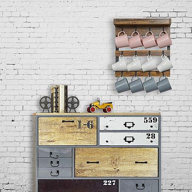 Rustic Wood Mug Rack Wall Shelf with 12 Hooks