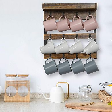 Rustic Wood Mug Rack Wall Shelf with 12 Hooks