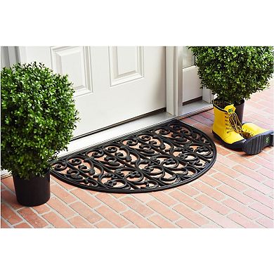 HomeRoots 24" X 36" Black Rubber Scrollwork Outdoor Semi Circle Door Mat