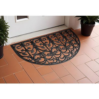 HomeRoots 24" X 36" Black Rubber Scrollwork Outdoor Semi Circle Door Mat