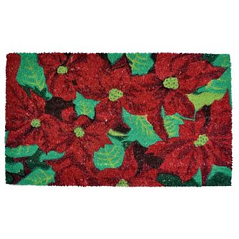 HomeRoots 18" X 30" Red and Green Coir Poinsettia Outdoor Christmas Door Mat