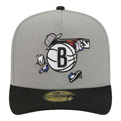 Men's New Era Gray Brooklyn Nets Injection Cartoon Logo A-Frame 59FIFTY Fitted Hat
