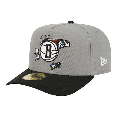 Men's New Era Gray Brooklyn Nets Injection Cartoon Logo A-Frame 59FIFTY Fitted Hat