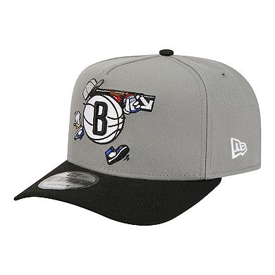 Men's New Era Gray Brooklyn Nets Injection Cartoon Logo A-Frame 9FIFTY Adjustable Hat