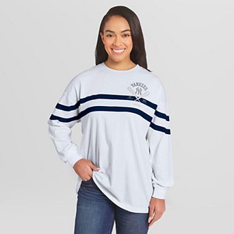 Women's WEAR by Erin Andrews White New York Yankees Oversized Long Sleeve Striped T-Shirt