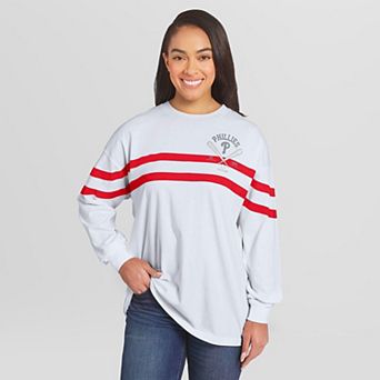 Women's WEAR by Erin Andrews White Philadelphia Phillies Oversized Long Sleeve Striped T-Shirt