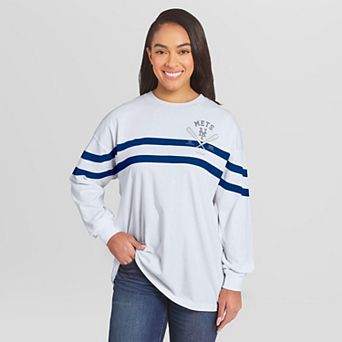 Women's WEAR by Erin Andrews White New York Mets Oversized Long Sleeve Striped T-Shirt