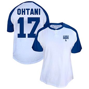 Women's Profile Shohei Ohtani White Los Angeles Dodgers Plus Size Name & Number Raglan Henley T-Shirt