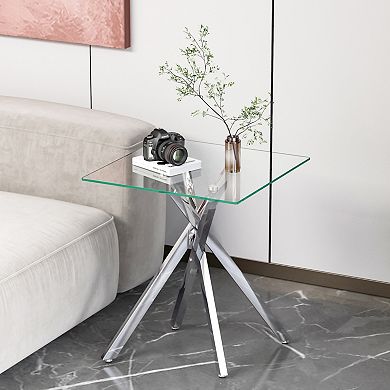 CEWOR Modern Square Glass Edge Table,Clear Tempered