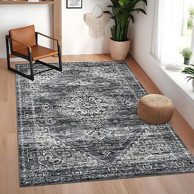 Distressed Area Rug Machine Washable Vacuum Clean Ultra Thin Stain Resistant Carpet for Dining Room