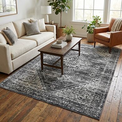 Distressed Area Rug Machine Washable Vacuum Clean Ultra Thin Stain Resistant Carpet for Dining Room
