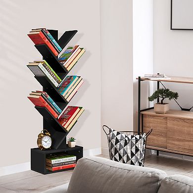 Sorbus 7-Tier Tree Bookcase with Open Drawer - Space-Saving Organizer Unit for Books, Decor, & More