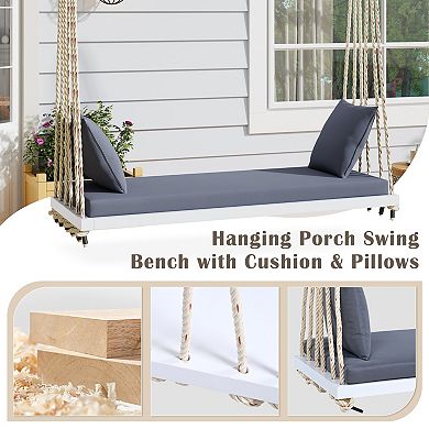 CEWOR Acacia Wood Outdoor Swing Bed with Soft Cushion & 2 Throw Pillows , 63” Extra-Large Seat