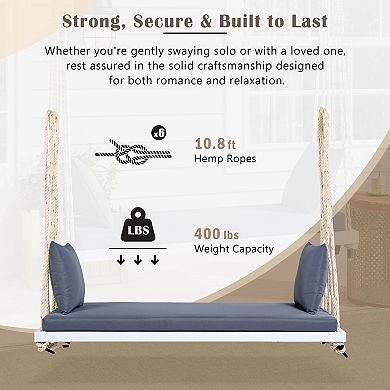 CEWOR Acacia Wood Outdoor Swing Bed with Soft Cushion & 2 Throw Pillows , 63” Extra-Large Seat