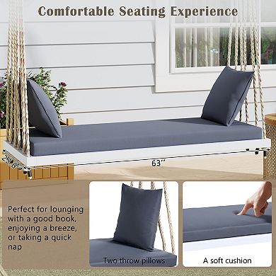 CEWOR Acacia Wood Outdoor Swing Bed with Soft Cushion & 2 Throw Pillows , 63” Extra-Large Seat