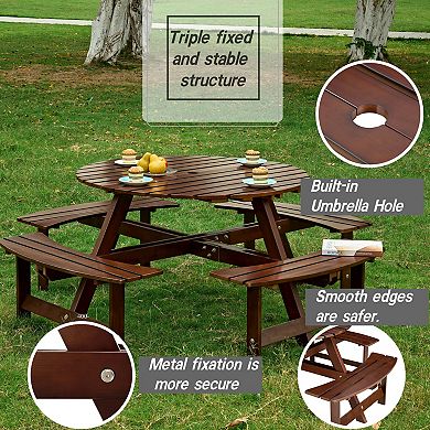 CEWOR 8-Person Outdoor Dining Set , Round Picnic Table w/ Umbrella Hole，Easy Clean