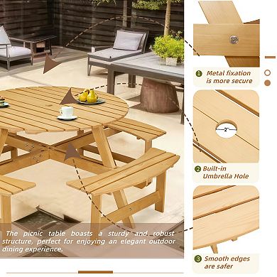 CEWOR 8-Person Outdoor Dining Set , Round Picnic Table w/ Umbrella Hole，Easy Clean