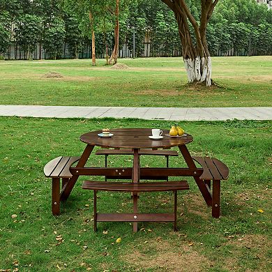 CEWOR 8-Person Outdoor Dining Set , Round Picnic Table w/ Umbrella Hole，Easy Clean