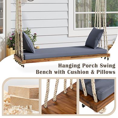 CEWOR Acacia Wood Outdoor Swing Bed with Soft Cushion & 2 Throw Pillows , 63” Extra-Large Seat