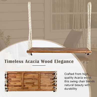 CEWOR Acacia Wood Outdoor Swing Bed with Soft Cushion & 2 Throw Pillows , 63” Extra-Large Seat