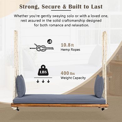CEWOR Acacia Wood Outdoor Swing Bed with Soft Cushion & 2 Throw Pillows , 63” Extra-Large Seat