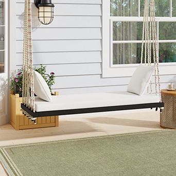 CEWOR Acacia Wood Outdoor Swing Bed with Soft Cushion & 2 Throw Pillows , 63” Extra-Large Seat