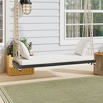 CEWOR Acacia Wood Outdoor Swing Bed with Soft Cushion & 2 Throw Pillows , 63” Extra-Large Seat