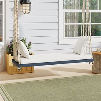 CEWOR Acacia Wood Outdoor Swing Bed with Soft Cushion & 2 Throw Pillows , 63” Extra-Large Seat